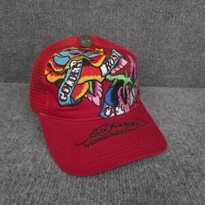 Ed Hardy Hat Cap Christian Audigier Snap Back Red Trucker Skull Rose Tattoo Mens